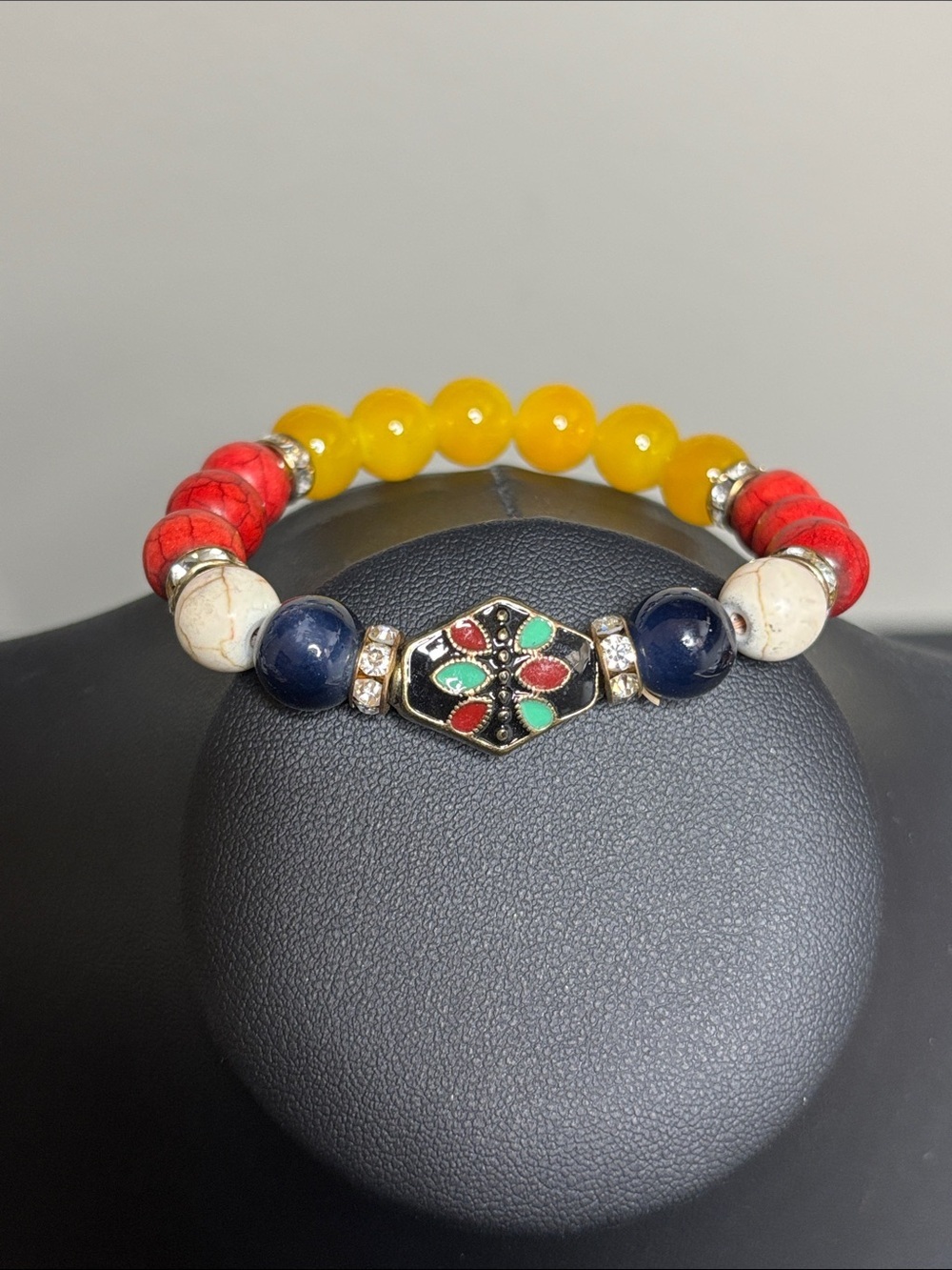 Yellow, Red, White, Black Stone Beaded Stretch Bracelet Antique Design